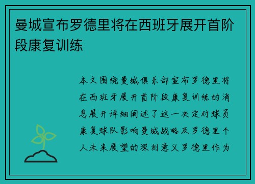 曼城宣布罗德里将在西班牙展开首阶段康复训练 曼城宣布罗德里将在西班牙展开首阶段康复训练